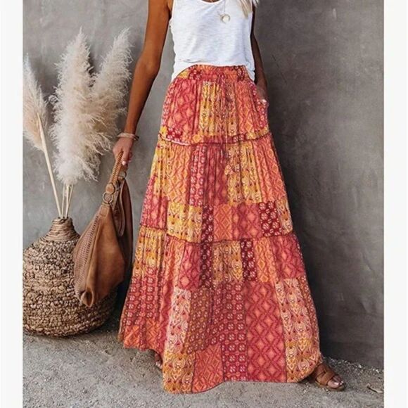 New Boho Print Elastic High Waist Pleated Ruffle Flowy Long Skirt - Picture 1 of 6